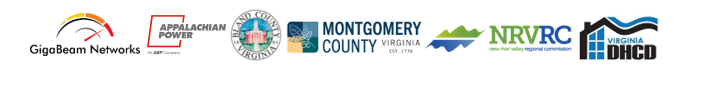 Logos for all of the broadband project partners including Montgomery County, Bland County, GigaBeam Networks, Appalachian Power, New River Valley Regional Commission, and Virginia DHCD